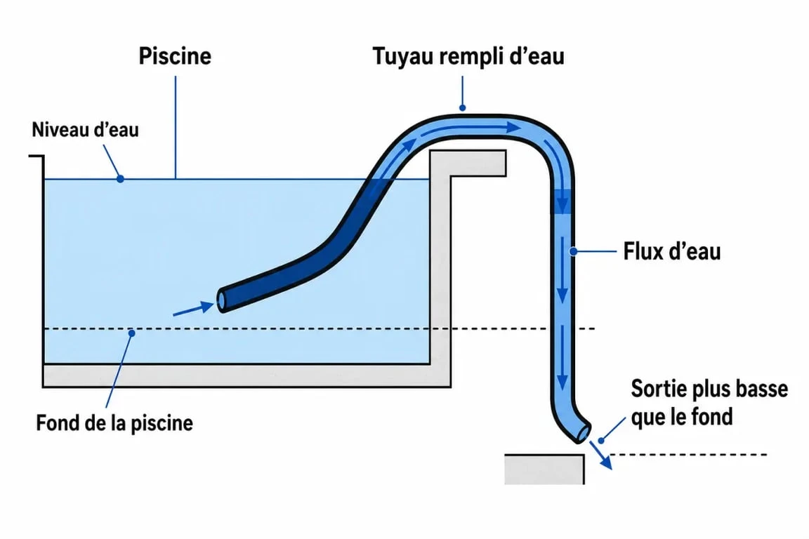 Schéma explicatif du principe du siphon pour vider une piscine avec un tuyau d'arrosage