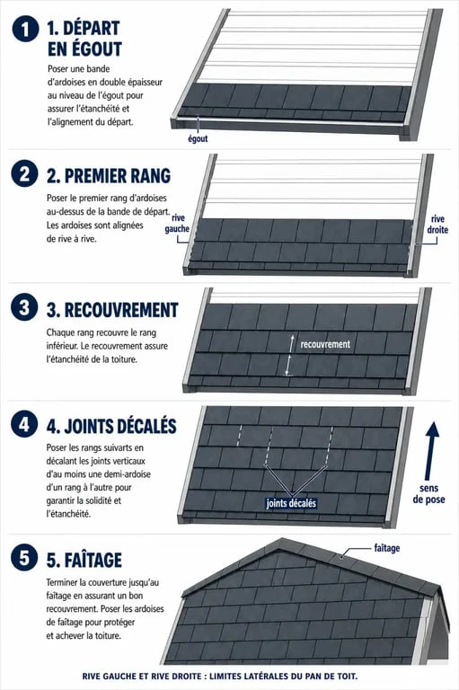 Schéma pose ardoise illustrant le recouvrement des rangs et le décalage des joints sur toiture inclinée