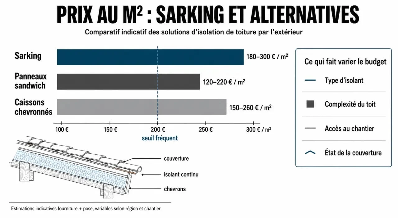 Comparatif du sarking prix m2 avec repères de coûts et facteurs de variation