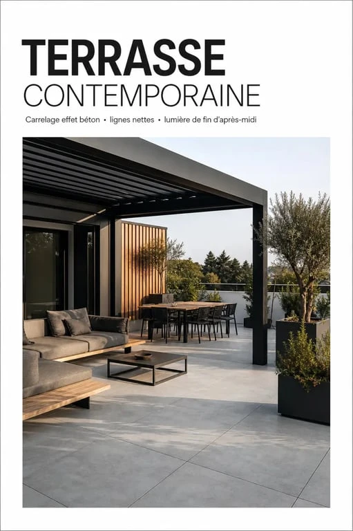 Carrelage terrasse moderne sur une terrasse contemporaine avec effet béton et mobilier épuré
