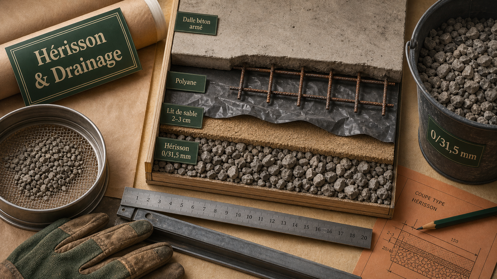 Gravier sous dalle 0/31,5 compacté : hérisson, sable et polyane avant dalle béton