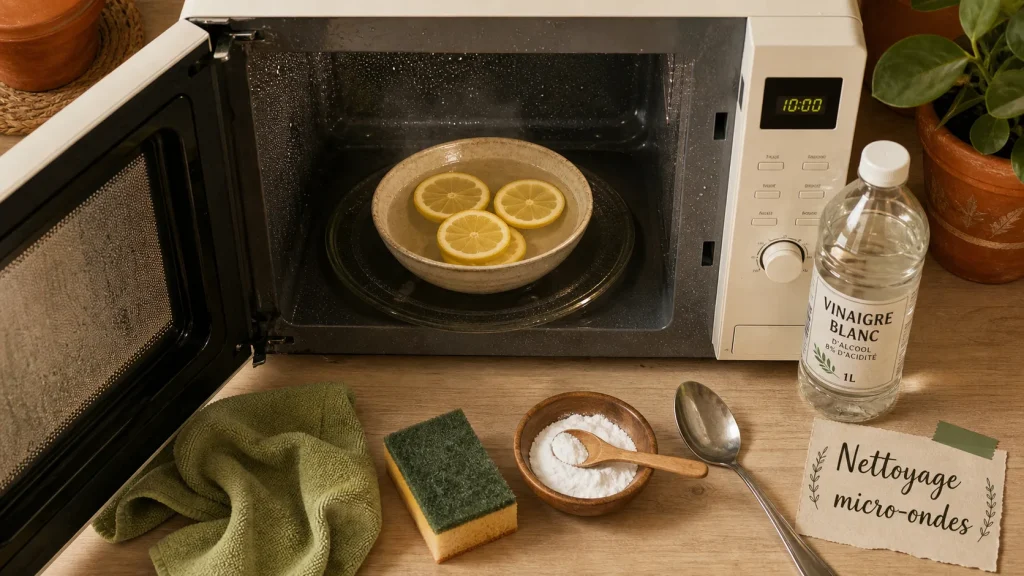 Nettoyage micro onde : citron, vinaigre blanc et bicarbonate dans le micro-ondes