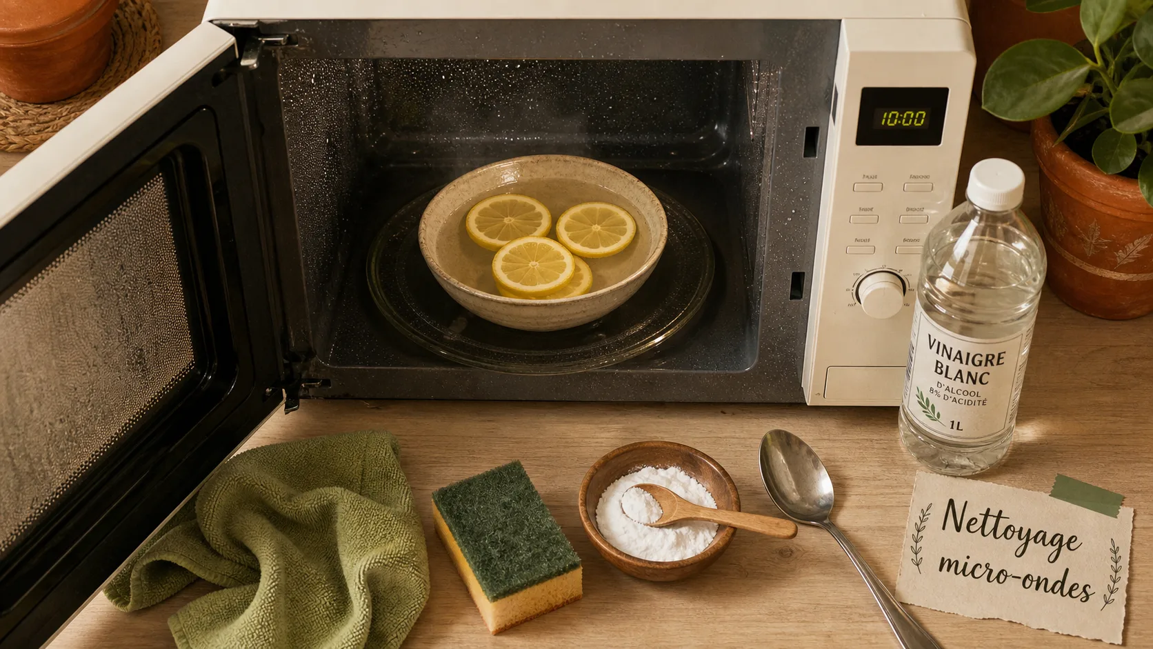 Nettoyage micro onde : citron, vinaigre blanc et bicarbonate dans le micro-ondes