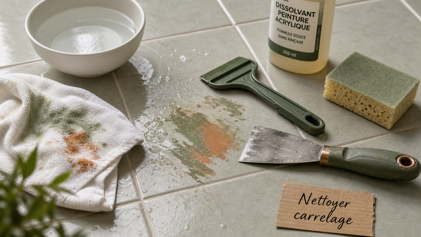 Nettoyer peinture sur carrelage sans rayer, éponge et raclette