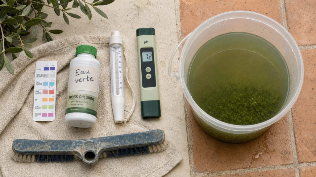 Nettoyer piscine verte : test pH, chlore choc et eau verte trouble