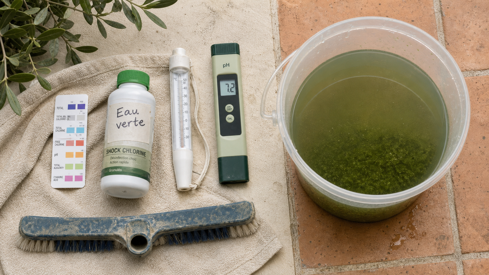 Nettoyer piscine verte : test pH, chlore choc et eau verte trouble