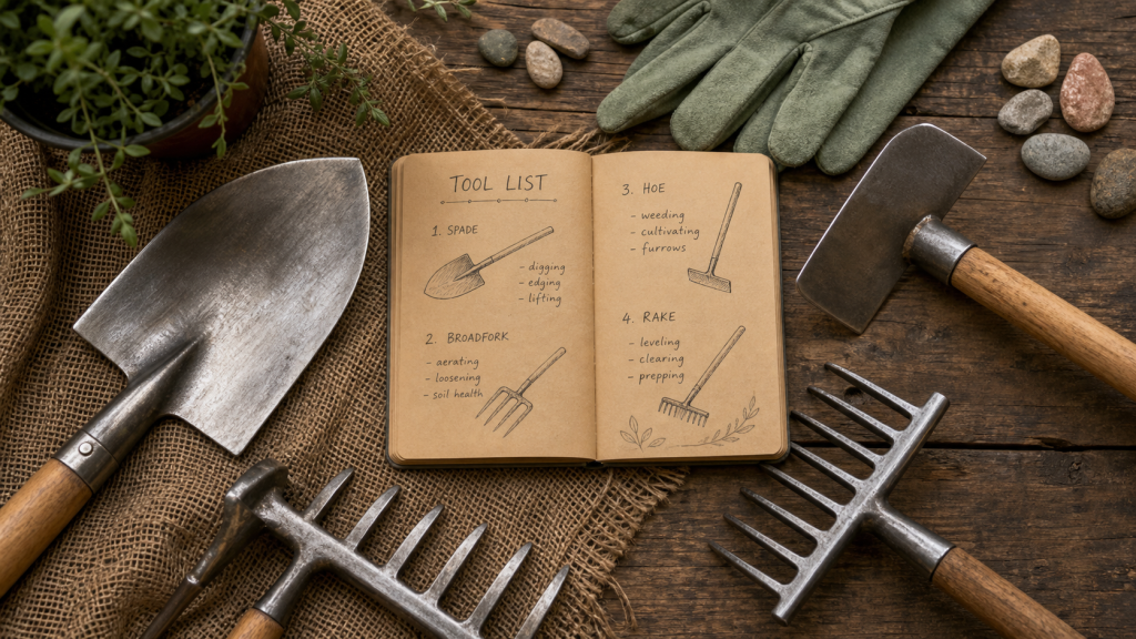Outils de jardinage : liste avec photos (bêche, grelinette, binette, râteau) sur table
