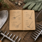 Outils de jardinage : liste avec photos (bêche, grelinette, binette, râteau) sur table