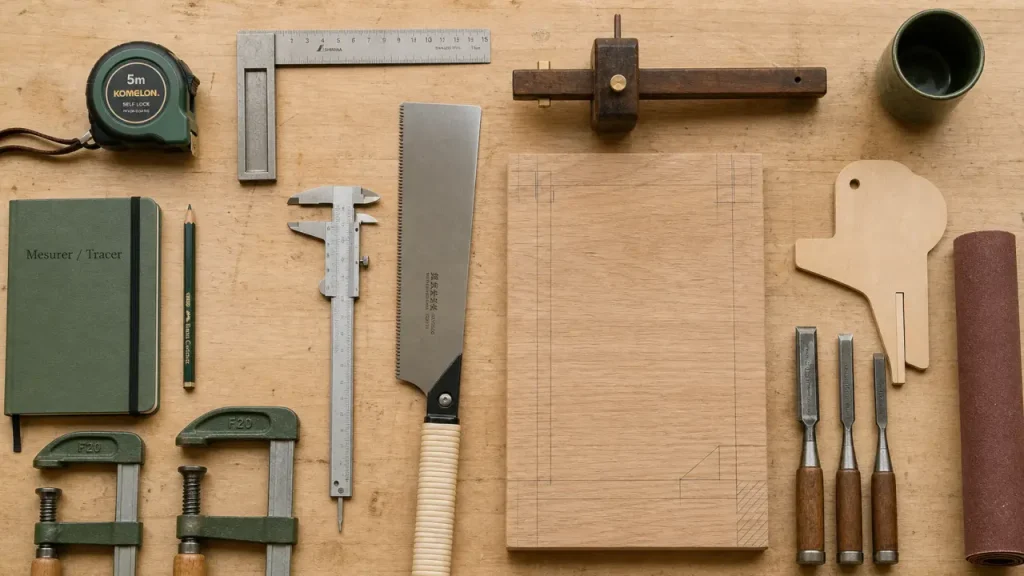 Outils pour menuisier : mètre, équerre, trusquin, scie, ponçage