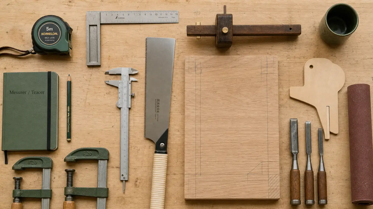 Outils pour menuisier : mètre, équerre, trusquin, scie, ponçage