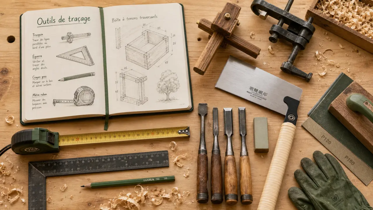 Outils pour menuisier : mètre, équerre, trusquin, scie, ponçage