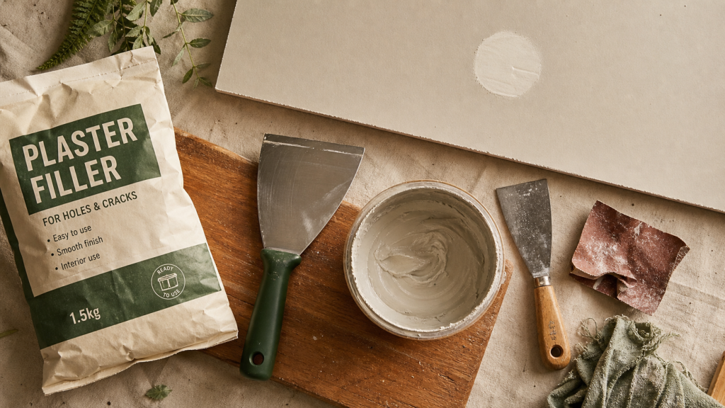 Platre pour reboucher : pâte de rebouchage sur spatule et plaque avec trou