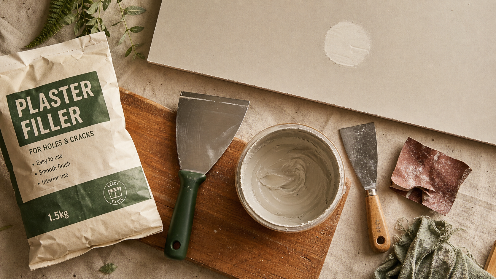 Platre pour reboucher : pâte de rebouchage sur spatule et plaque avec trou