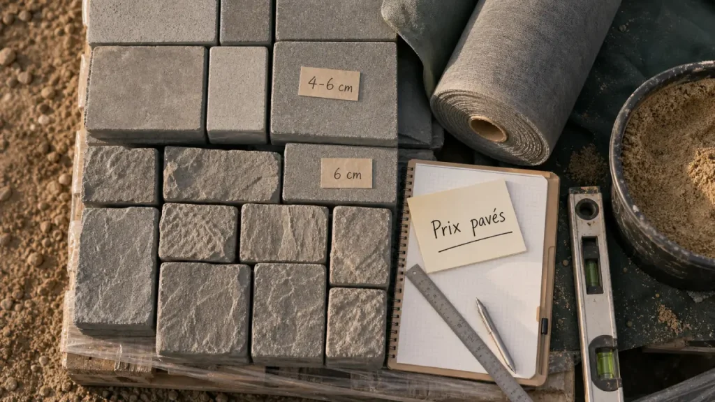 Prix des paves autobloquant : pavés en béton, sable et géotextile sur chantier