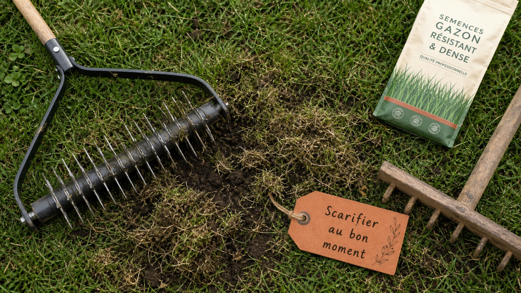 Quand scarifier pelouse : scarificateur sur pelouse humide, dents et herbe arrachée