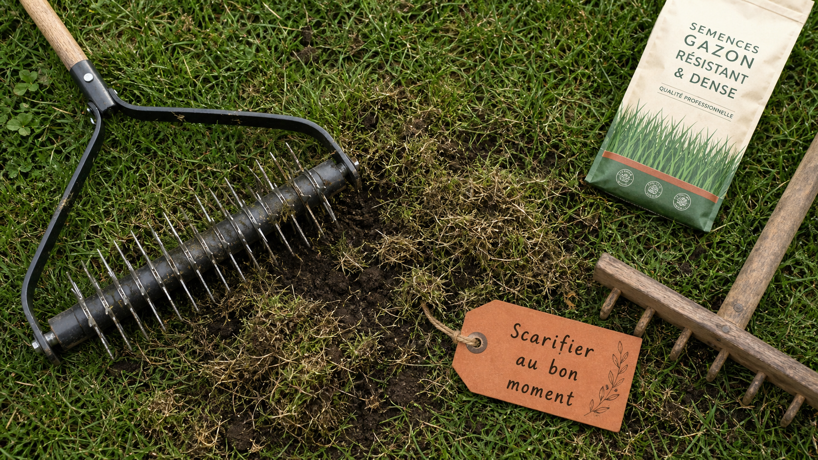 Quand scarifier pelouse : scarificateur sur pelouse humide, dents et herbe arrachée