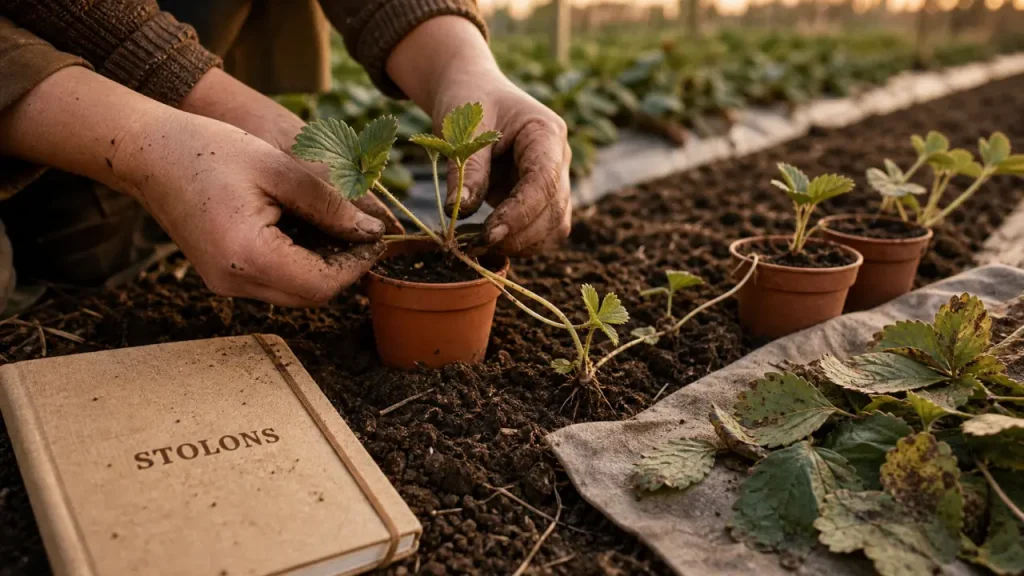 Que faire des vieux fraisiers : stolons plantés dans du compost