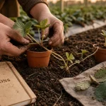 Que faire des vieux fraisiers : stolons plantés dans du compost