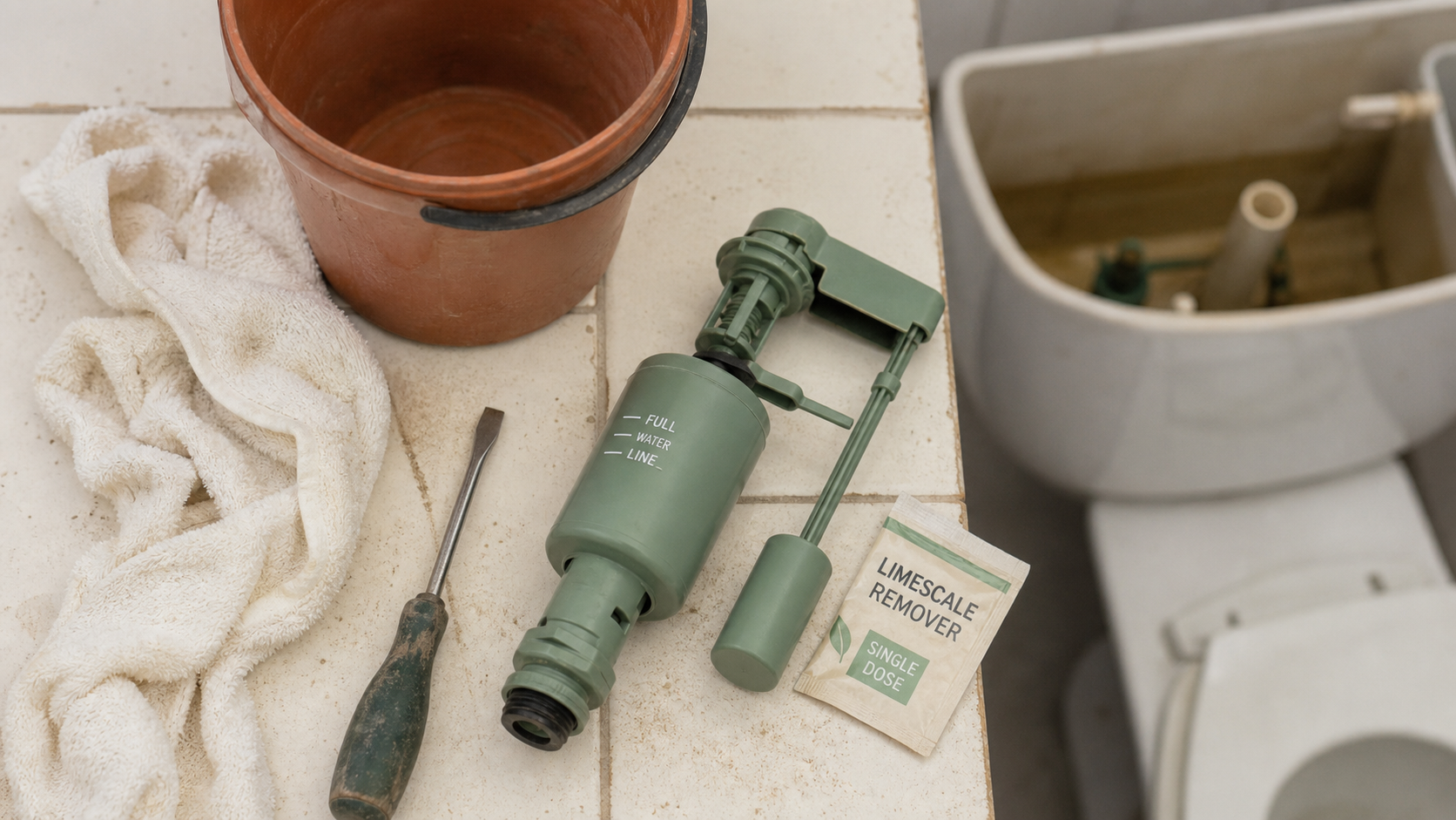 Régler flotteur chasse d eau : flotteur vert et repère de niveau pour éviter les fuites