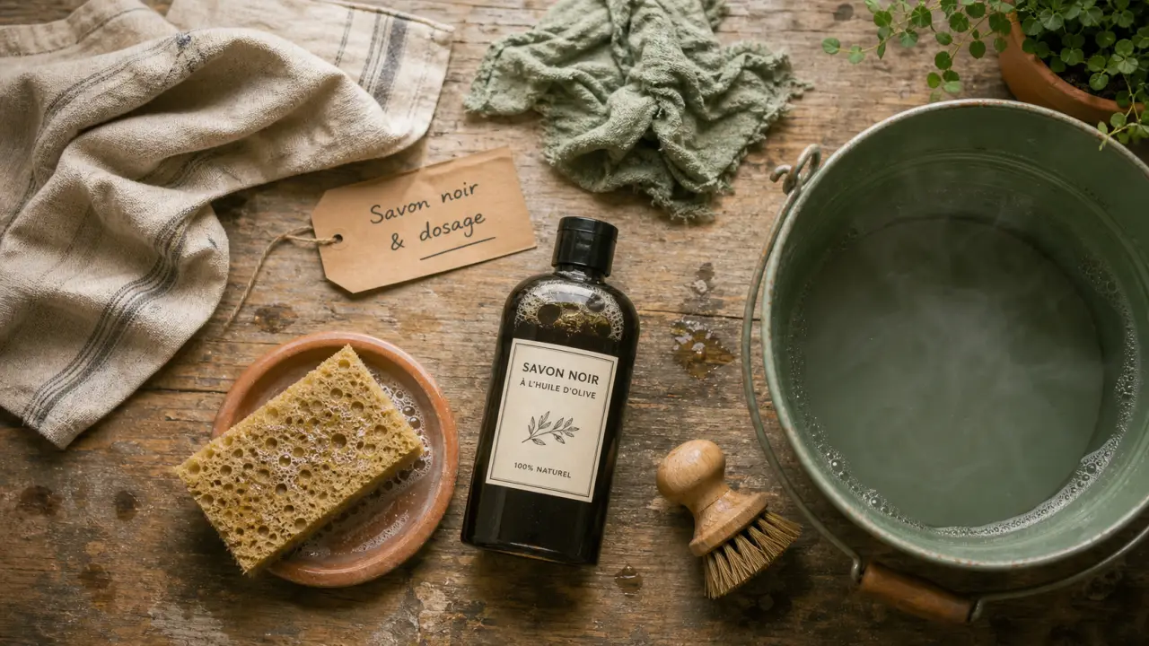Utilisation du savon noir : dosage 1 bouchon par litre, sol et jardin