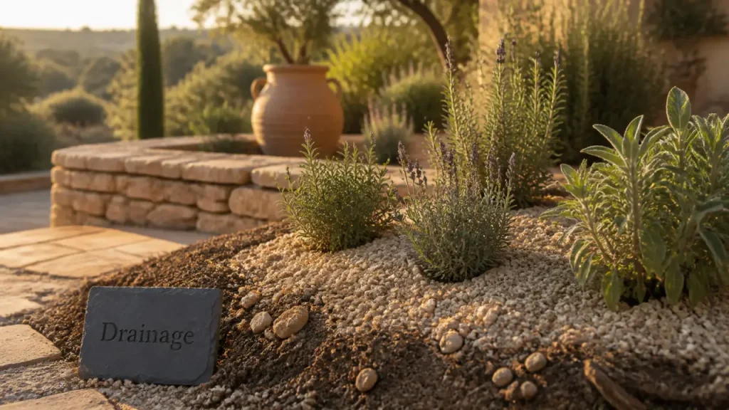 Aménagement jardin méditerranéen : sol drainant, plein sud et palette minérale pour un résultat durable