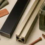 Anodisation aluminium : pièces anodisées noir et champagne sur fond lin beige
