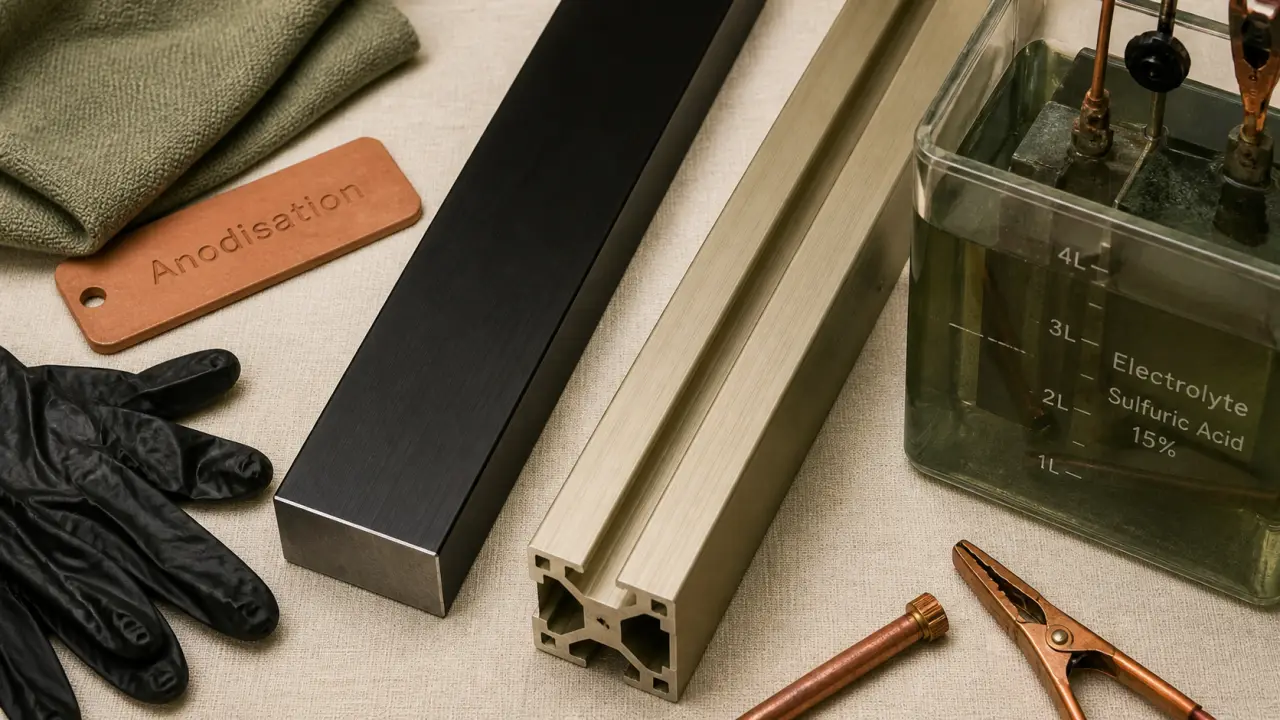 Anodisation aluminium : pièces anodisées noir et champagne sur fond lin beige