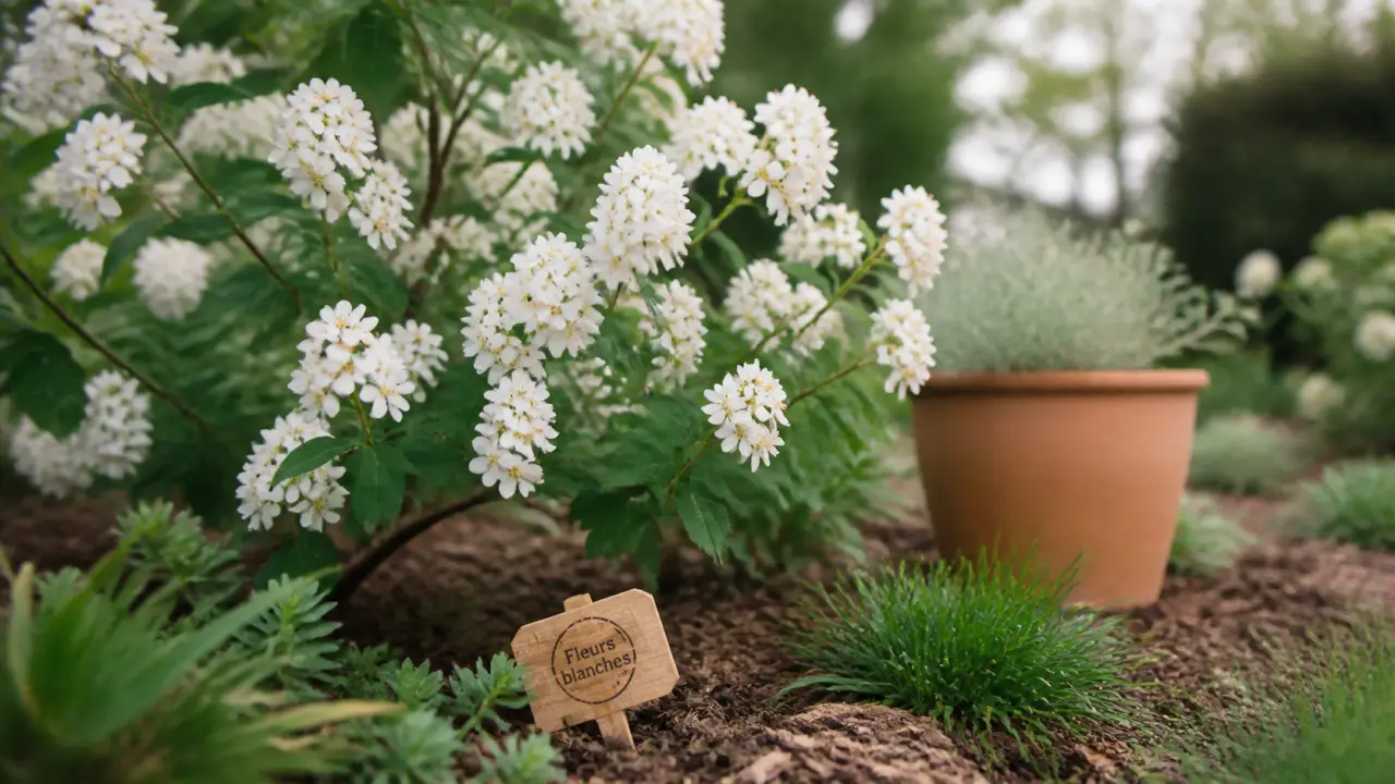 Arbuste fleur blanche printemps : seringat, deutzia ou viorne en floraison