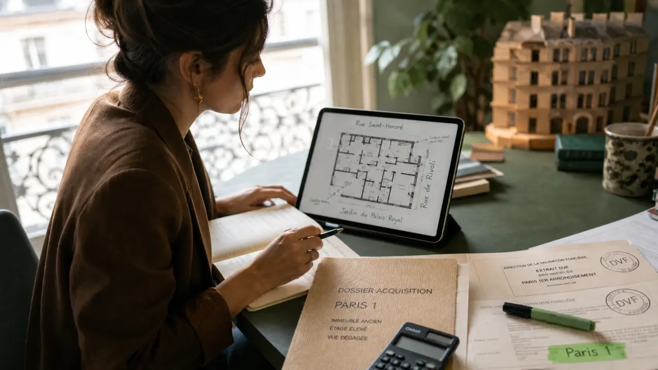 Chasseur immobilier paris 1 : étude off-market et prix au m², dossier DVF et plan appartement