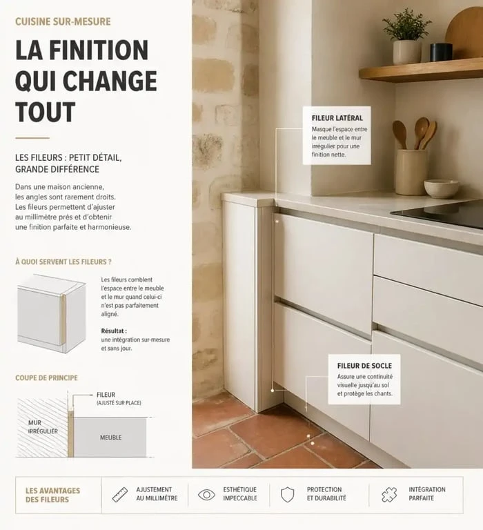 Aménagement sur-mesure de cuisine dans maison ancienne avec murs irréguliers