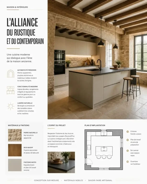 Cuisine dans maison ancienne avec murs en pierre et aménagement moderne