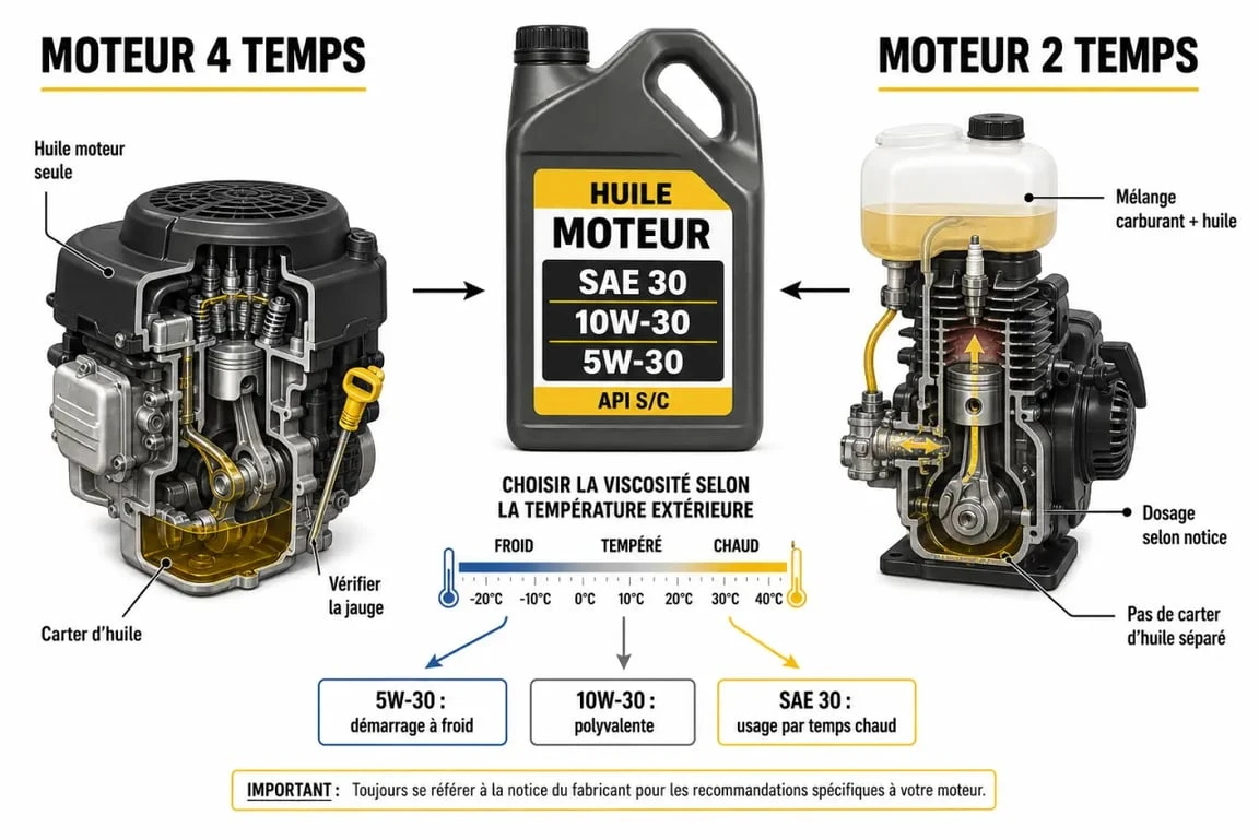 Huile tracteur tondeuse : schéma simple pour distinguer moteurs 4 temps et 2 temps et lire les viscosités SAE