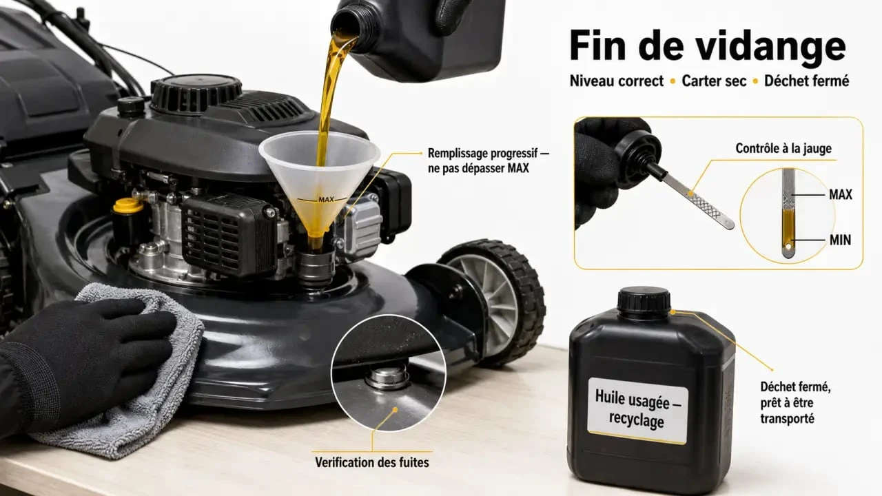 Vidange tondeuse : contrôle du niveau d’huile après remplissage et récupération de l’huile usagée