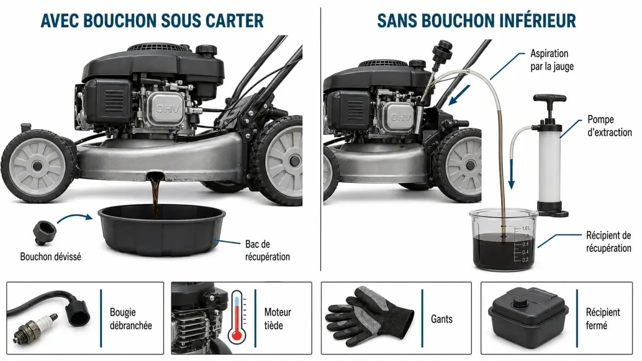 Vidange tondeuse : schéma des deux configurations de vidange avec bouchon inférieur ou aspiration par la jauge