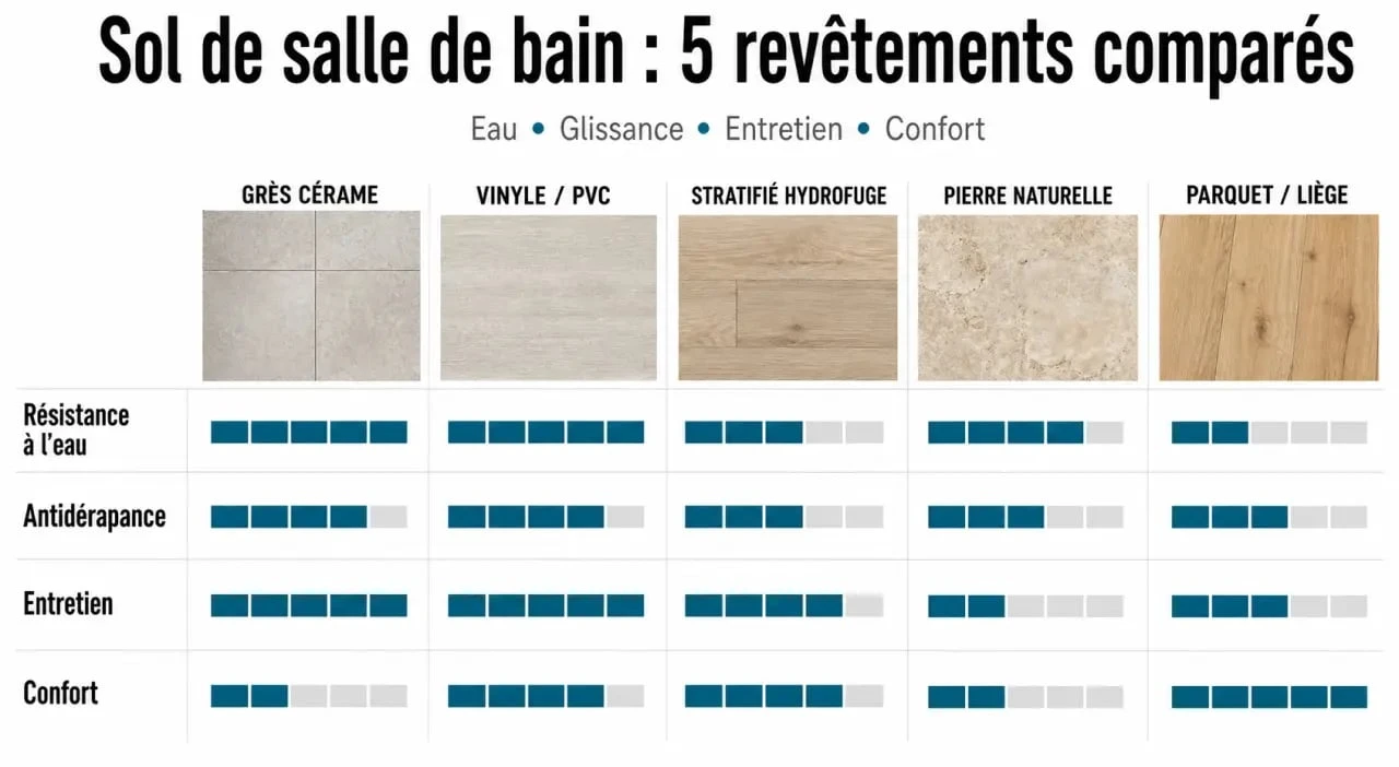 Comparatif visuel du sol salle de bain selon résistance à l’eau, antidérapance, entretien et confort.