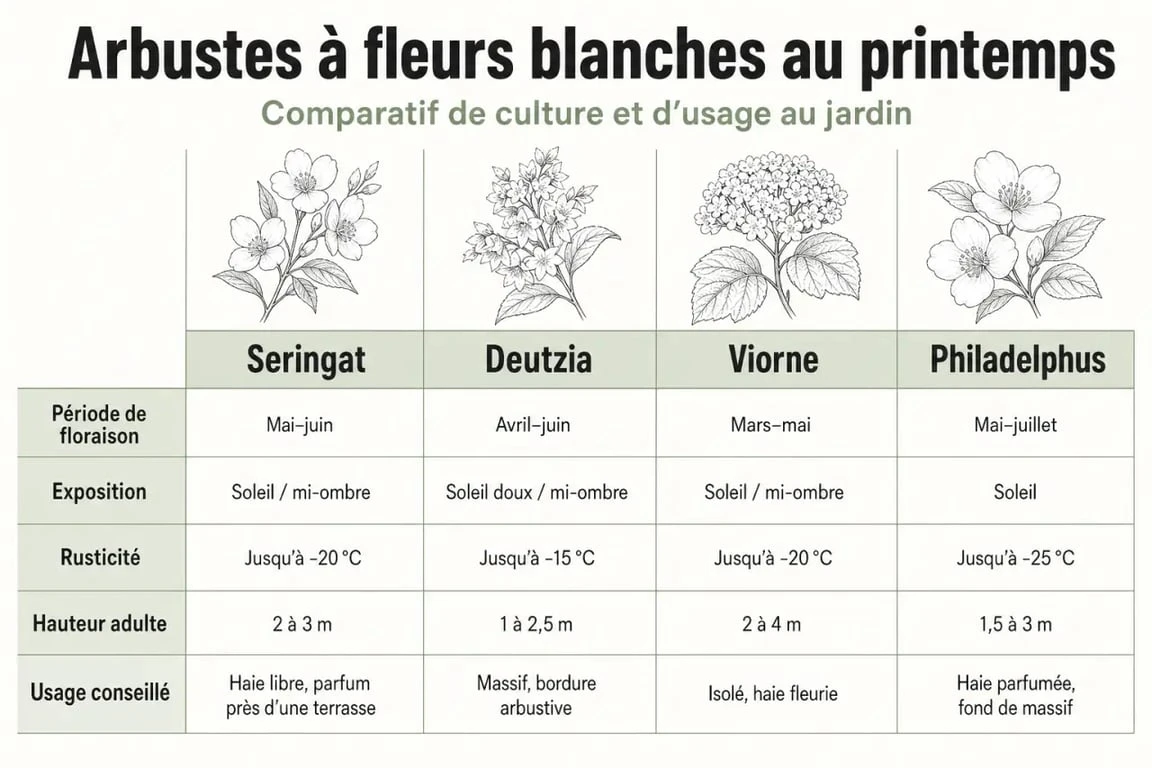 Arbuste fleur blanche printemps : comparatif des variétés seringat, deutzia, viorne et philadelphus pour massif, haie ou pot