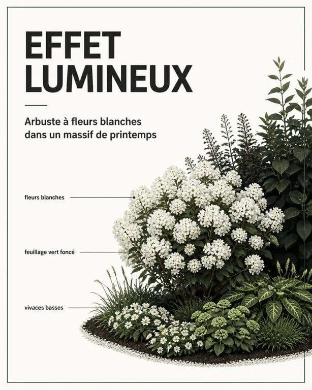 Arbuste fleur blanche printemps dans un massif de jardin, mis en valeur par un feuillage sombre et des vivaces de printemps