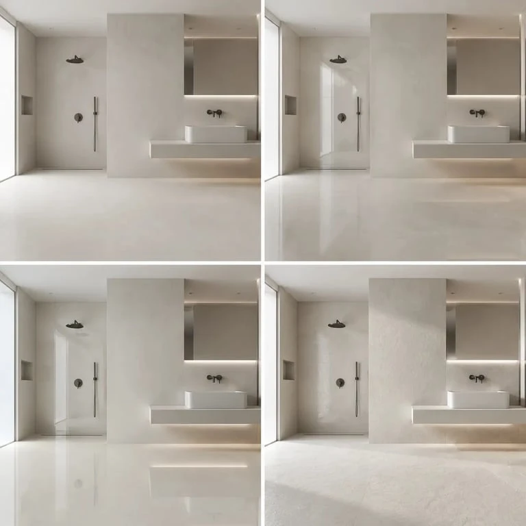 Carrelage salle de bain 120x120 comparé en finitions mat, brillant, poli et relief léger