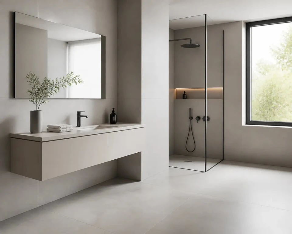 Carrelage salle de bain 120x120 dans une salle de bain contemporaine avec joints fins et effet d’agrandissement visuel