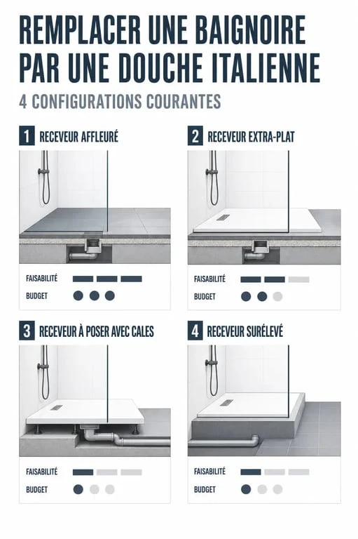 Remplacer une baignoire par douche italienne : comparaison des configurations de receveur et de leur impact sur le budget