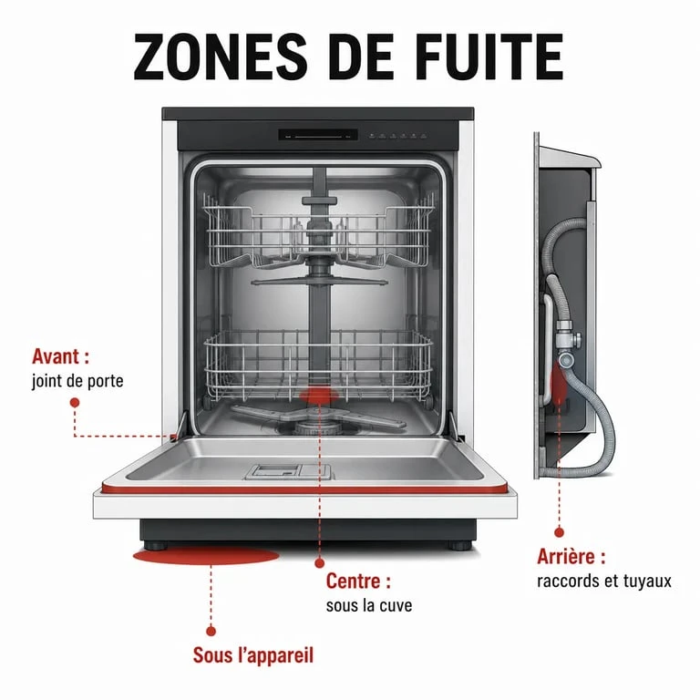 Lave vaisselle fuit par le bas : schéma des zones de fuite probables
