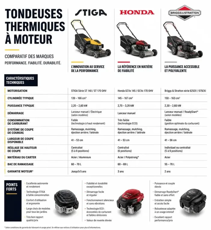 Comparatif des marques de tondeuses STIGA, Honda et Briggs & Stratton pour aider à choisir sa tondeuse