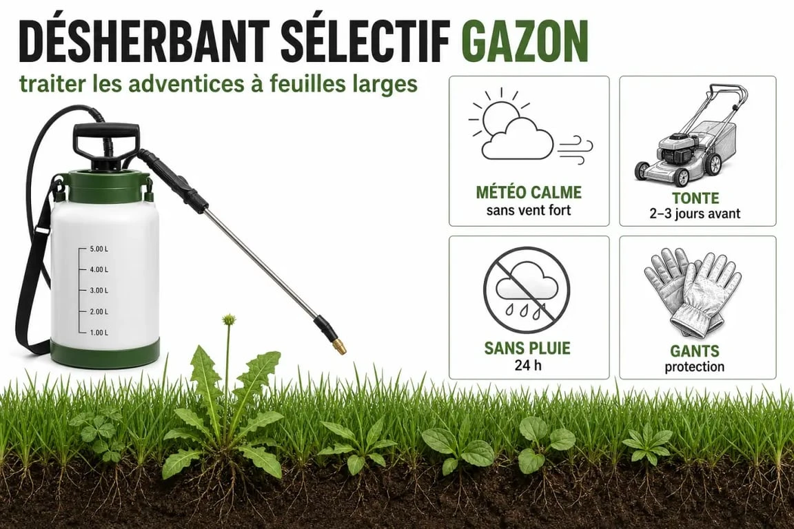 Désherbant selectif gazon : étapes d’application et conditions idéales