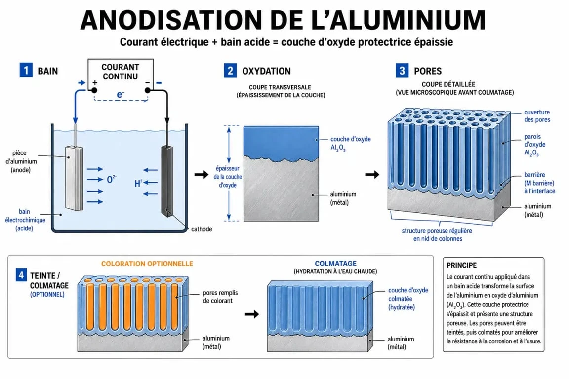 Schéma de l’anodisation aluminium montrant le bain électrochimique et la couche d’oxyde protectrice