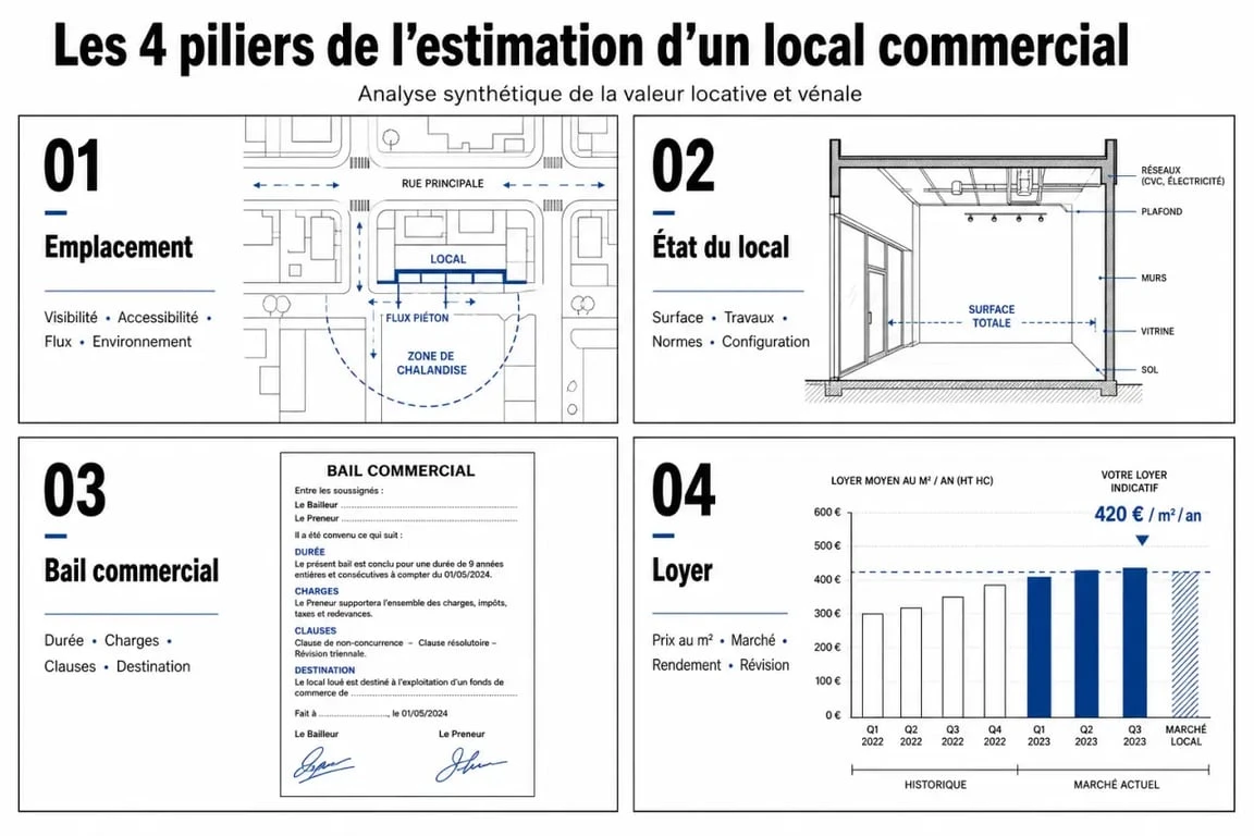 Les critères clés pour estimer un local commercial : emplacement, état, bail et loyer