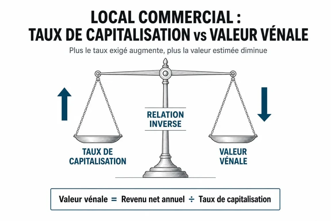 Infographie sur l'estimation d'un local commercial : impact du taux de capitalisation sur la valeur vénale