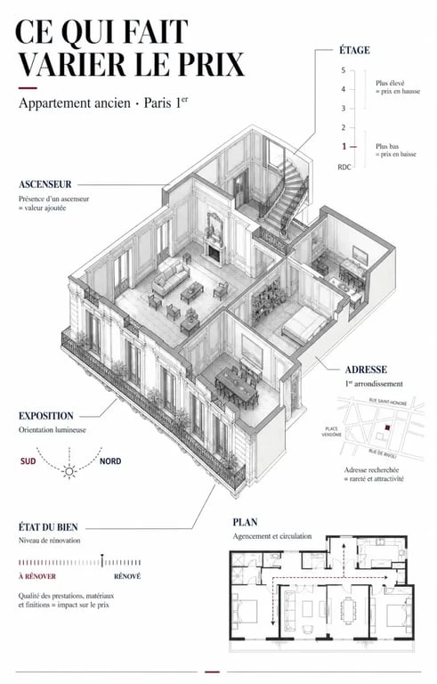 Chasseur immobilier Paris 1 : visuel des facteurs qui influencent le prix d’un appartement