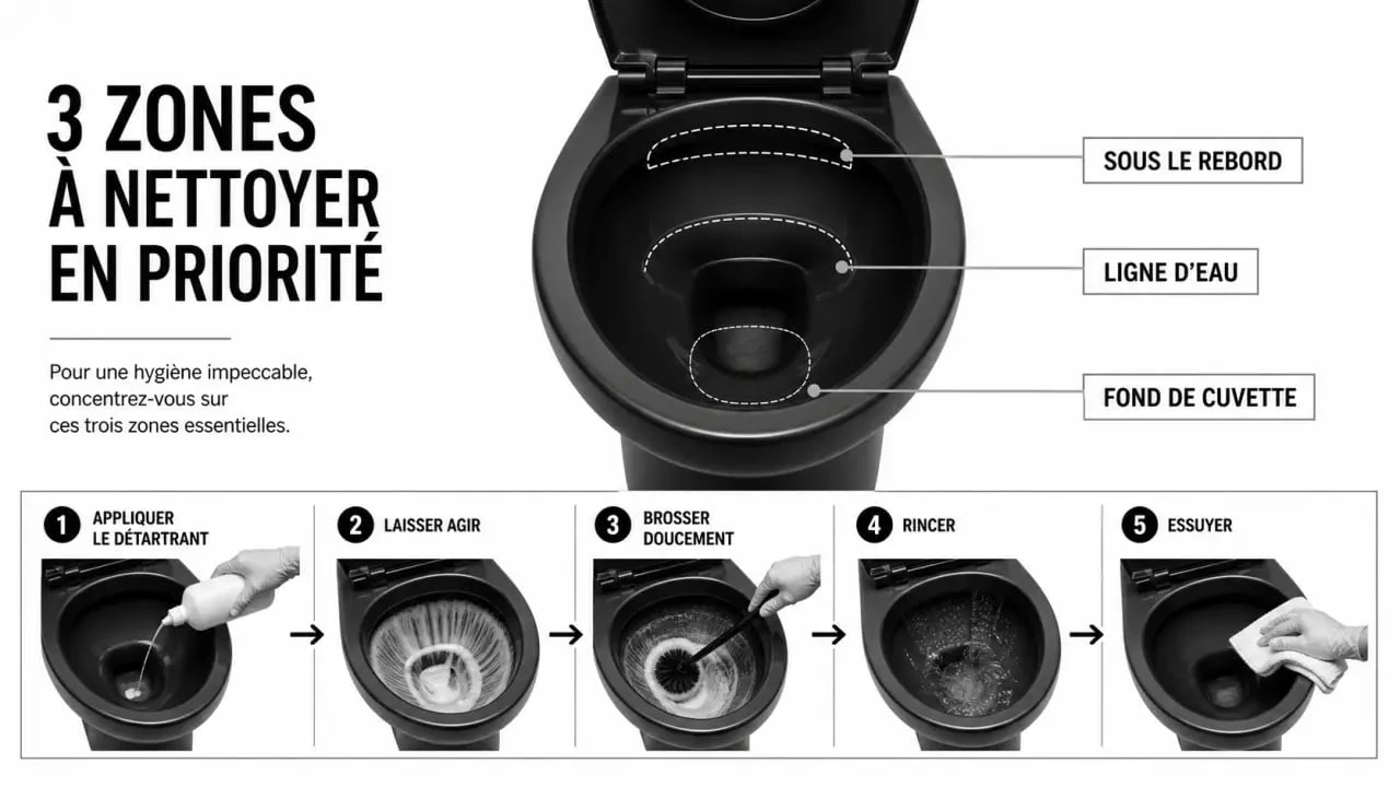 Nettoyer des toilettes noires : schéma des zones à traiter et des étapes de détartrage