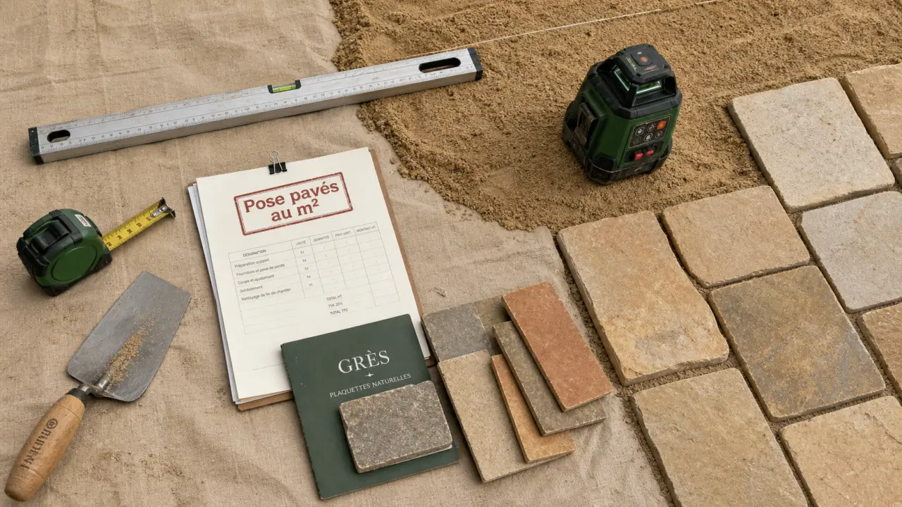 Prix pose pavé m2 sans fourniture : main-d’œuvre et outils sur lit de sable