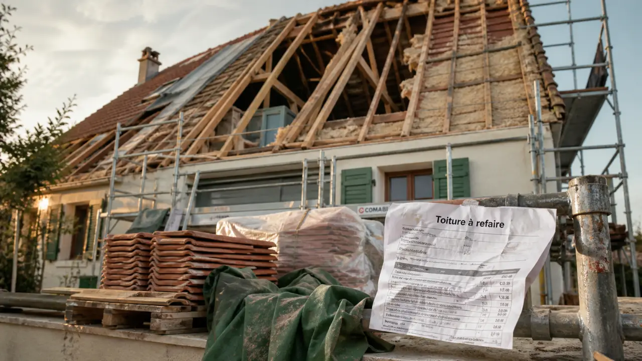 Toiture à refaire : chantier de couverture, charpente et tuiles déposées